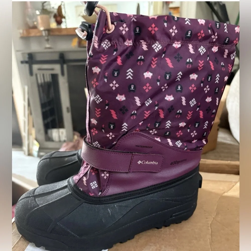 Columbia Kids' Powderbug print winter snow boots girls size 6y- waterproof
